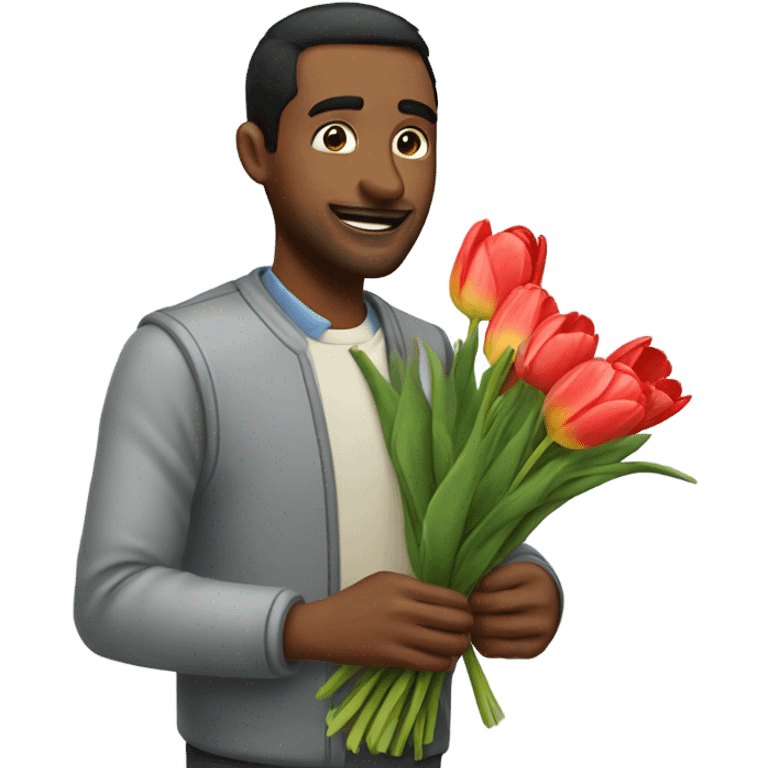 A man shy giving a bouquet of tulips to other person emoji