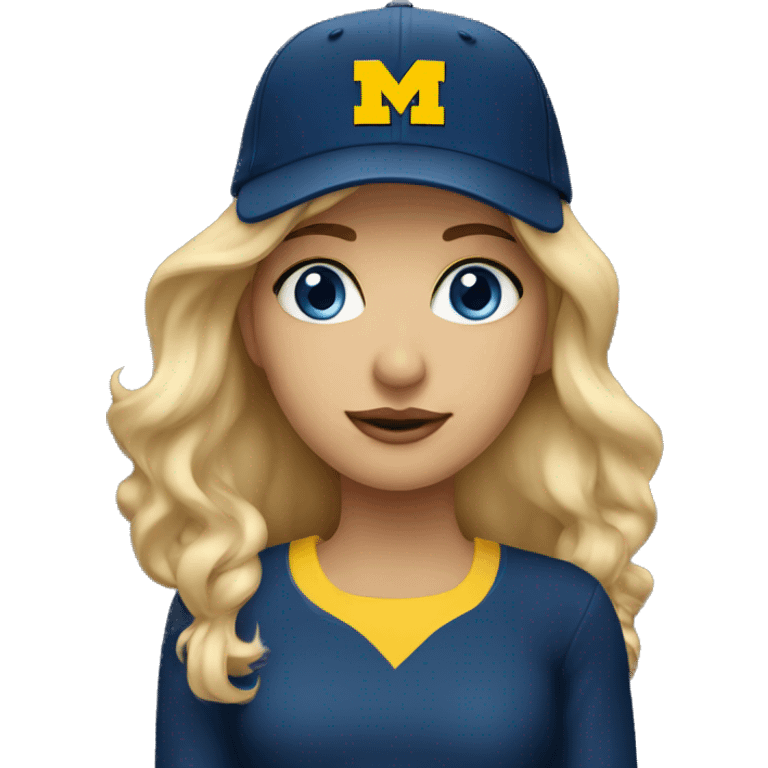 Blonde girl with blue eyes wearing University of Michigan hat emoji