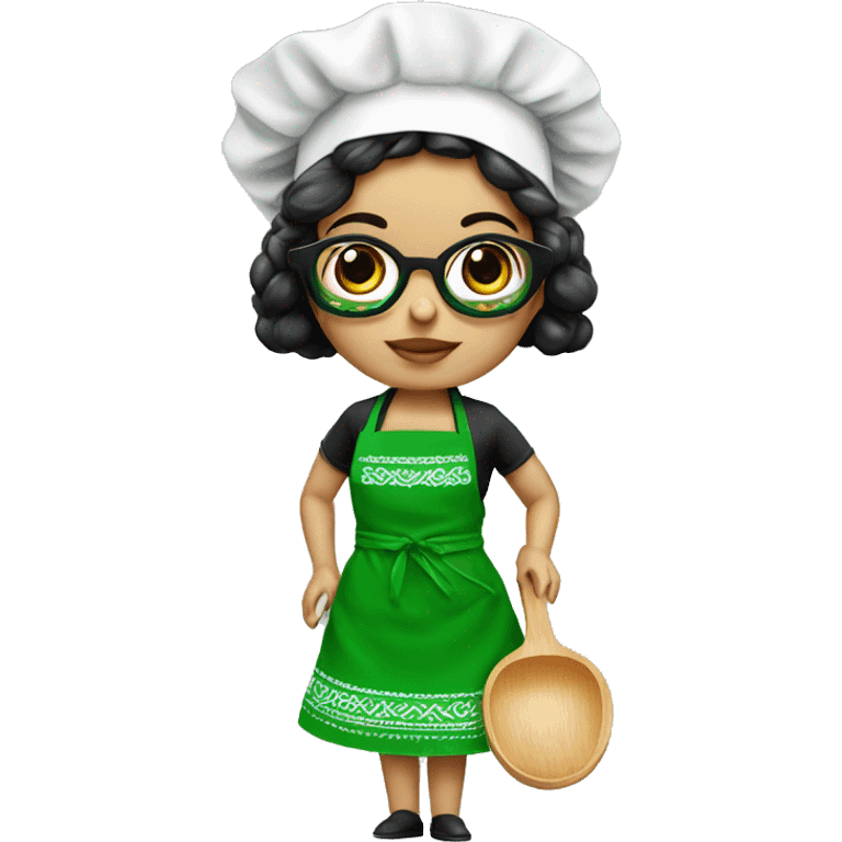 Mexican doll  big eyes green apron  with glasses cooking  emoji