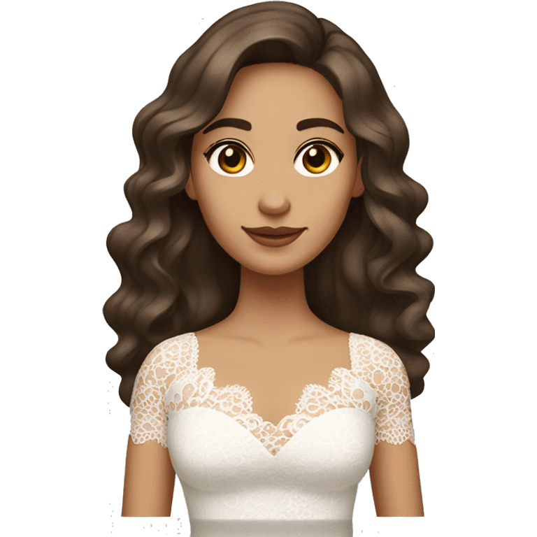 Adult woman with brown eyes, light tanned skin, long wavy dark brown hair, wearing a white lace dress emoji