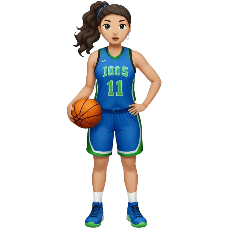 full body plus size light skin latino women basketball player with wavy dark hair in pony tail wide nose wearing blue uniform with green accent emoji