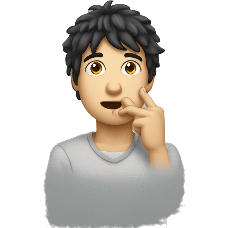 Rational thinking young man with putting finger on mouth, black hair emoji