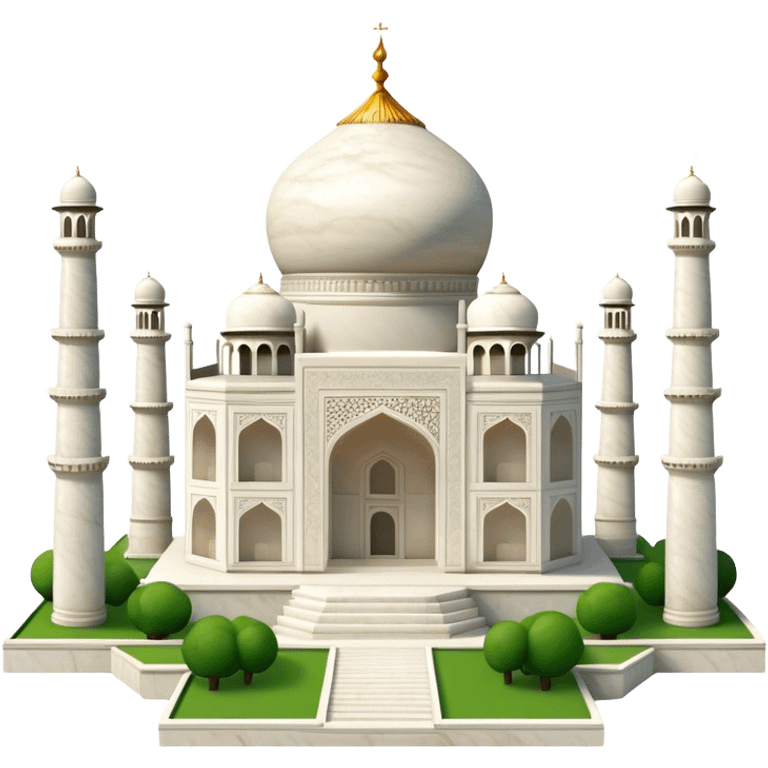 Cinematic Realistic Taj Mahal Landmark Emoji, depicted as the iconic marble mausoleum set amidst lush gardens rendered with intricate detail and ethereal, soft lighting. emoji