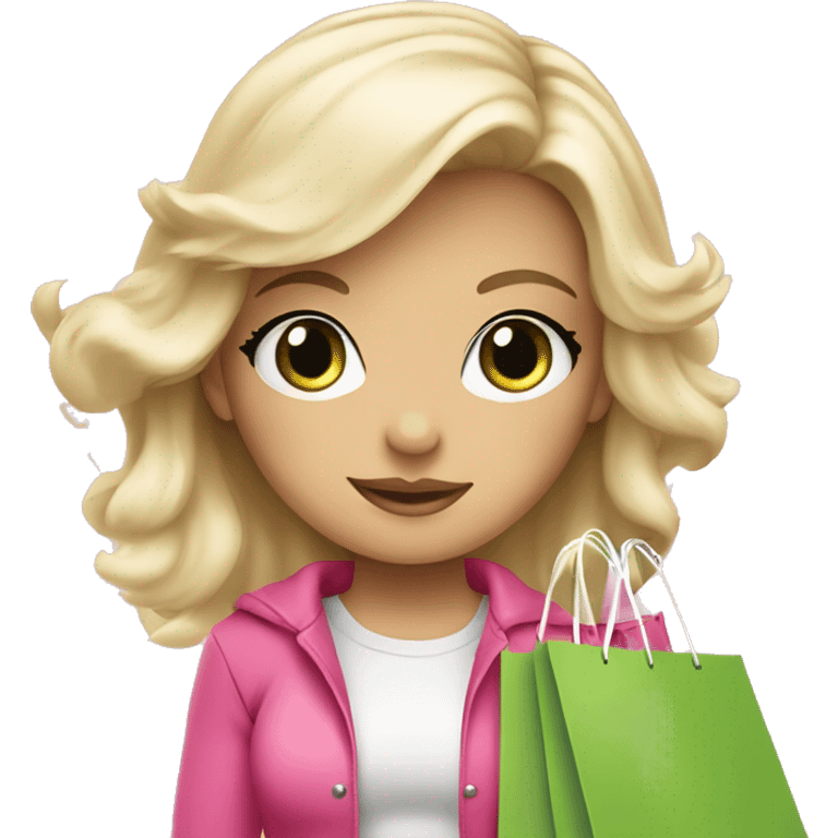 cute platinum blonde with green eyes wearing pink surrounded by pink shopping bags emoji