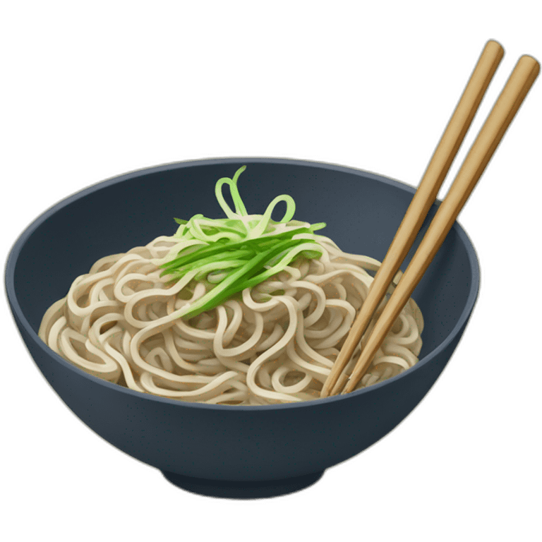 bowl of japanese buckwheat soba noodles with one pair of chopsticks and spring onions emoji