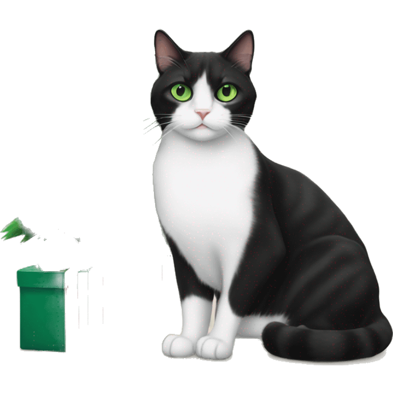 Tuxedo cat with green eyes sitting next to a tortoiseshell cat in front of a Christmas tree emoji