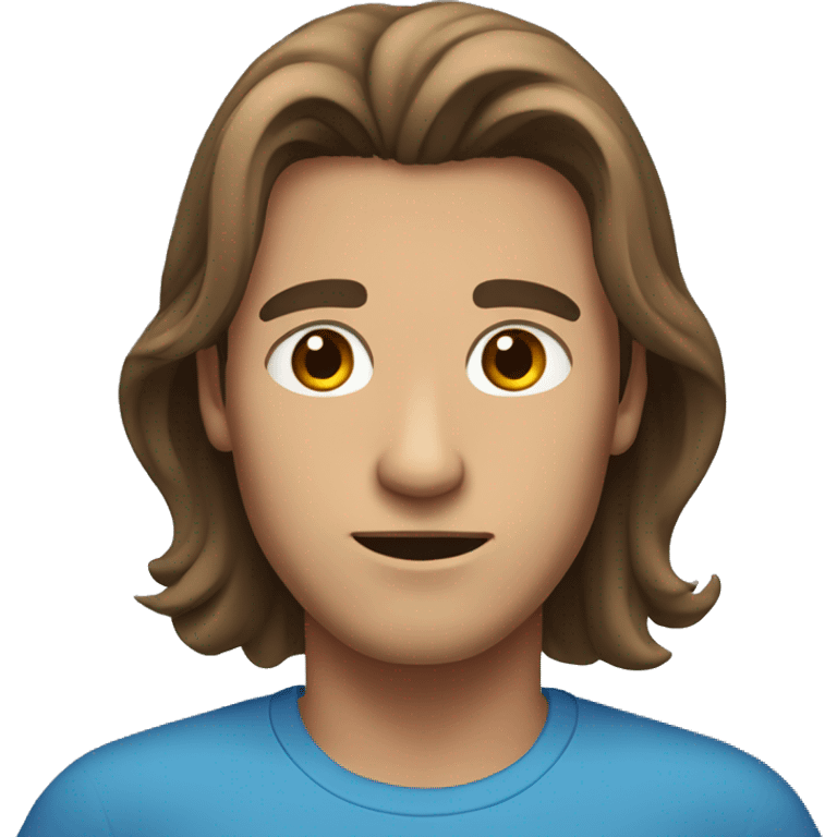 guy with long long hair with blue shirt  and brown eyes, head structure a little bit flat and short emoji