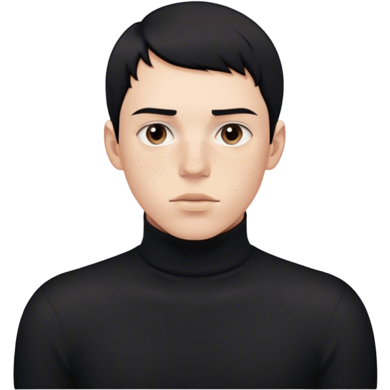 A young man with short, jet-black hair and pale freckles, wearing a sleek black turtleneck, staring blankly at the viewer emoji