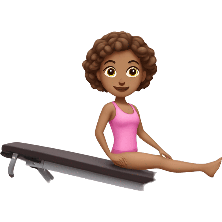 Caucasian girl with brown hair and brown eyes doing Pilates in a pink workout set on a Pilates machine  emoji