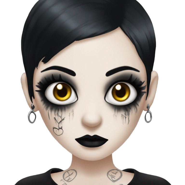 Goth girl with black hair and all white eyeballs, goth makeup, 69 tattooed above her right eye emoji