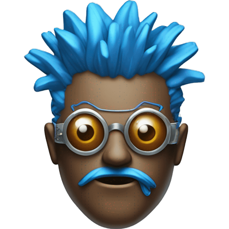 Brown cyborg head with blue Mohawk, blue beard, silver steampunk monocle goggles a smile and circuits emoji