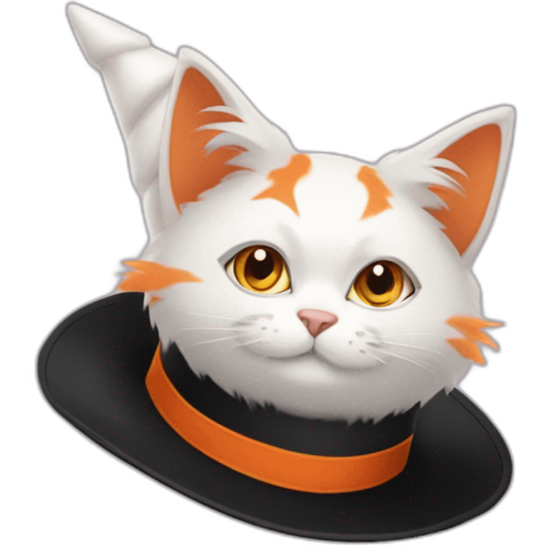 White-orange fluffy cat in black cone witch hat emoji