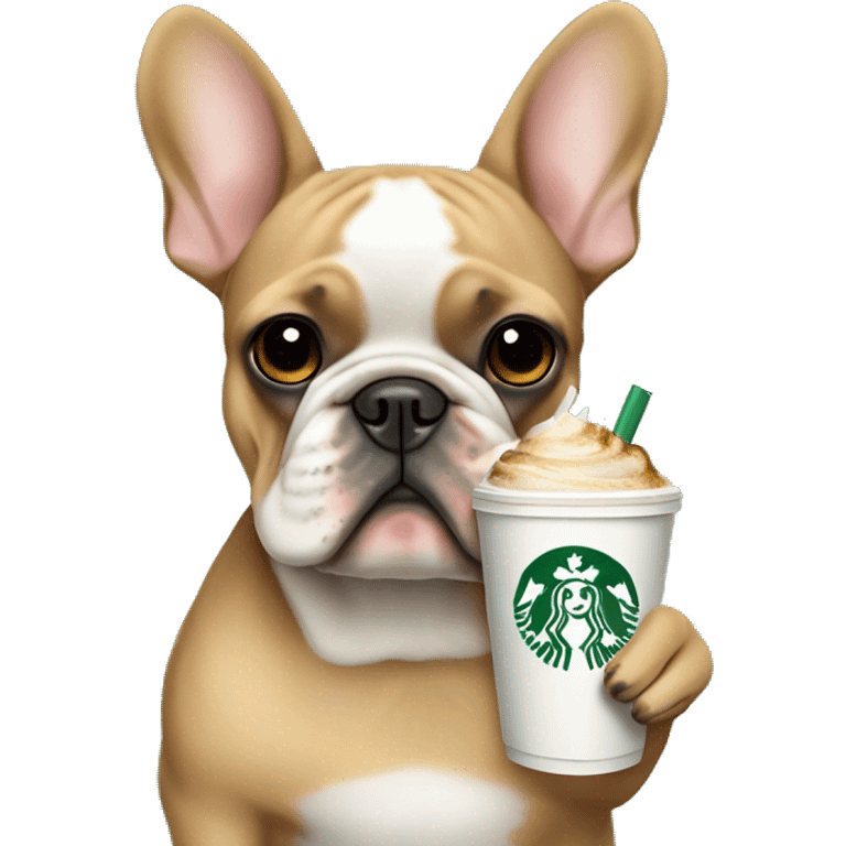 Black and tan French bulldog holding a Starbucks iced chai emoji