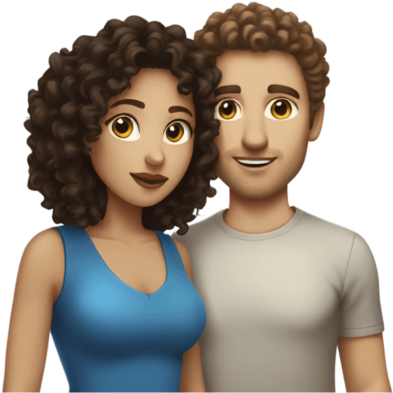 Light skinned woman with curly hair and white man with blue eyes and straight dark brown hair kissing  emoji