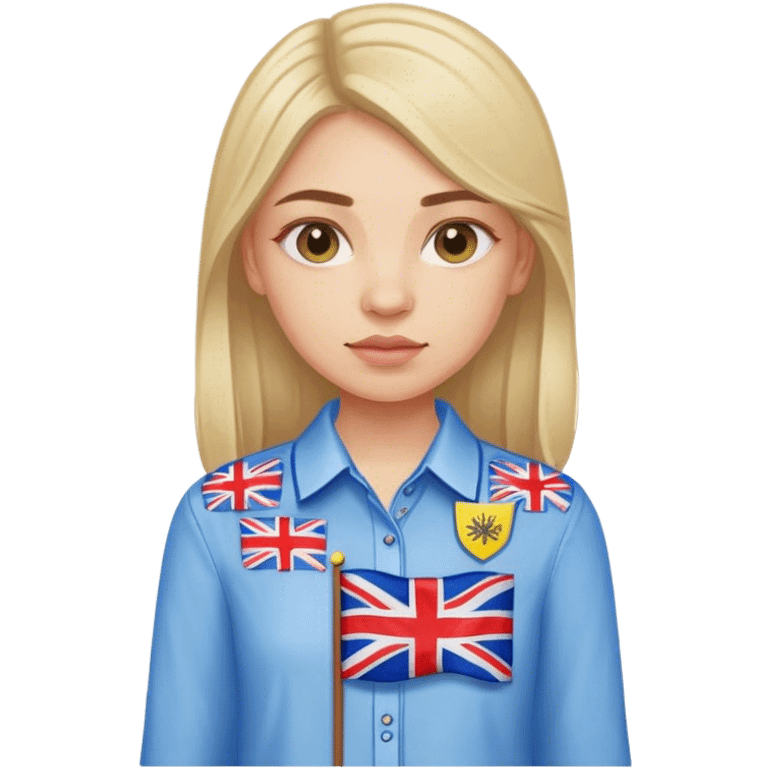 A Ukrainian girl in an embroidered shirt holds a British flag emoji