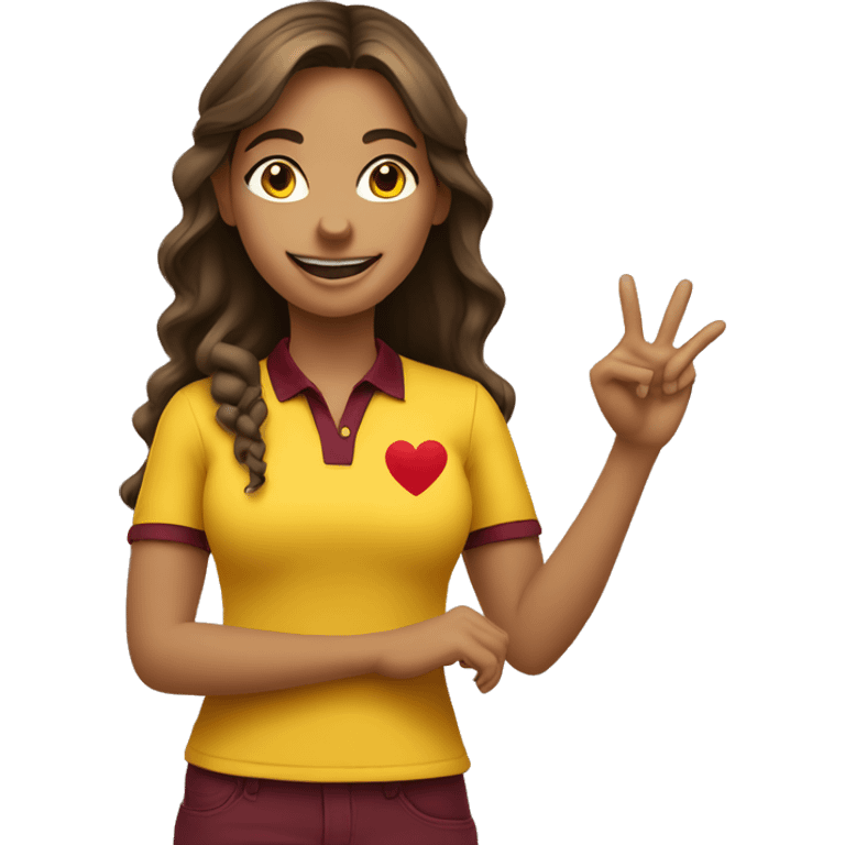 a mid length hair girl smiling and doing the heart sign wearing a yellow polo with maroon id lanyard  emoji