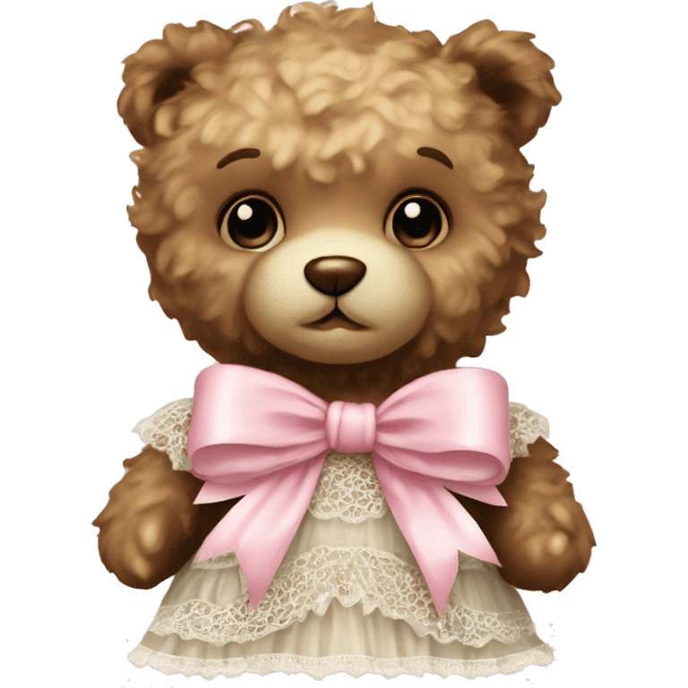 vintage rococo teddy bear with a light pink bow that has lace and frills emoji