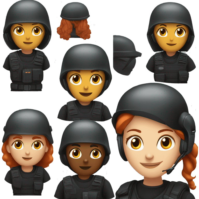 operator dressed in black with a milatary helmet, without glasses, wearing a headset, ready to respond to alerts, preferably red-haired female  emoji