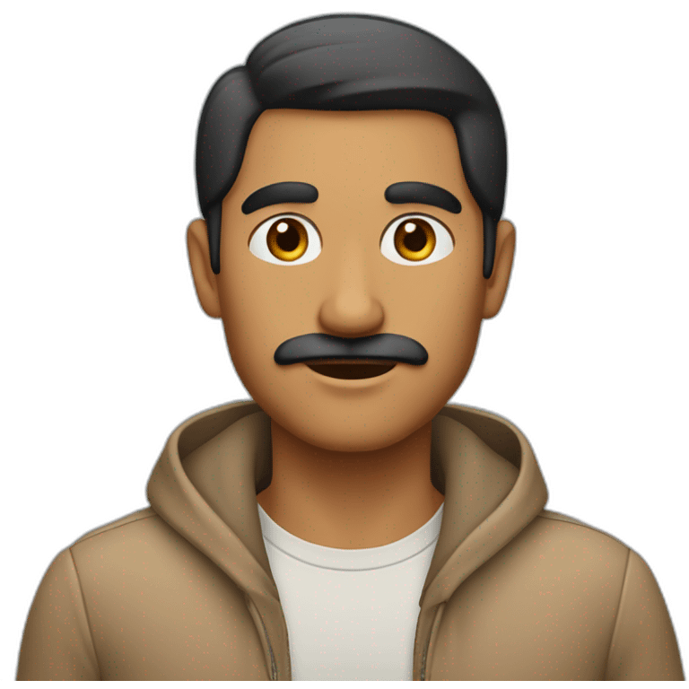 A man with identical eyebrows and a little mustache and he is Indian his skin color is tan emoji