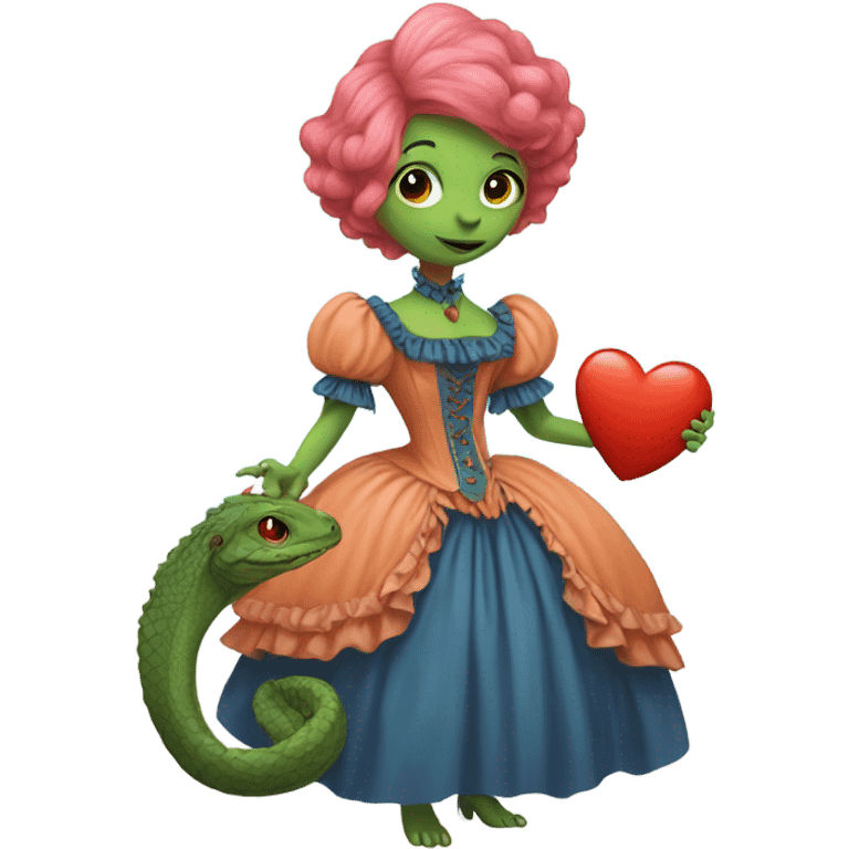 a green reptilian woman in Victorian orange and blue dress, pink hair,holdig, red big hearth, full body emoji