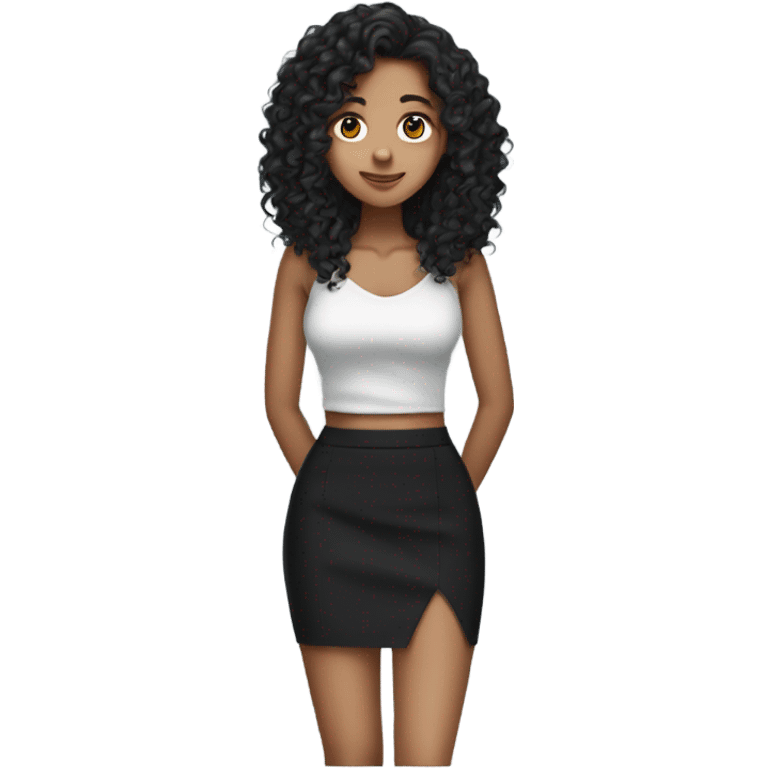 Tan girl with black long curly hair black pencil skirt full body emoji