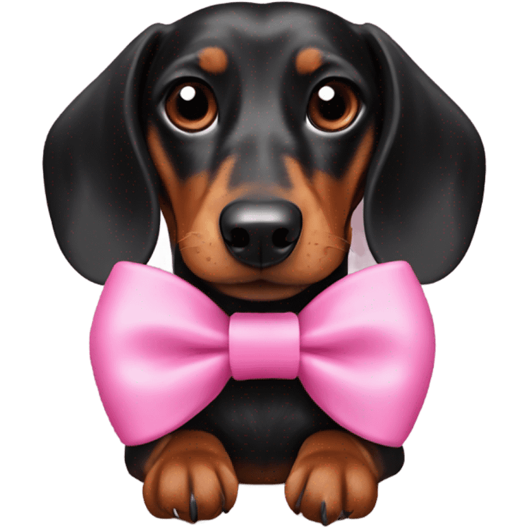 Black and brown dachshund wearing a pink bow on it’s head  emoji