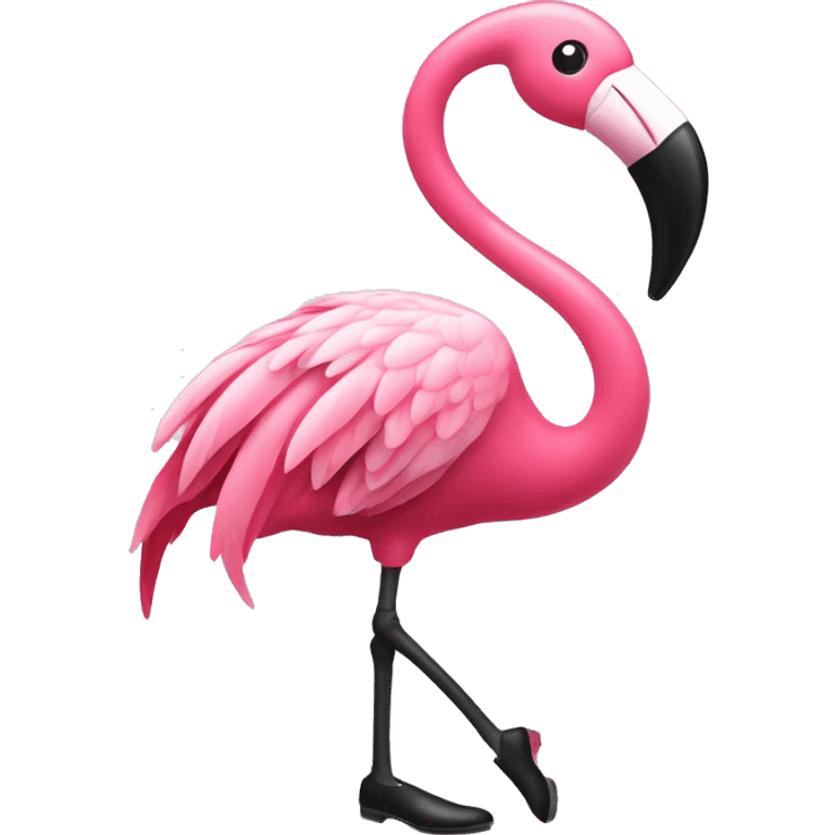 A pink flamingo with tap-dancing shoes emoji