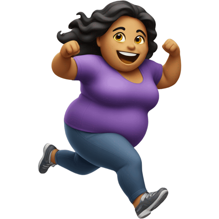 fat woman running towards the camera smiling emoji