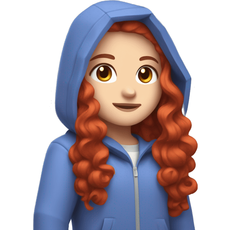 a white girl with long red curly hair, wearing periwinkle Minecraft hoodie playing a videogame emoji