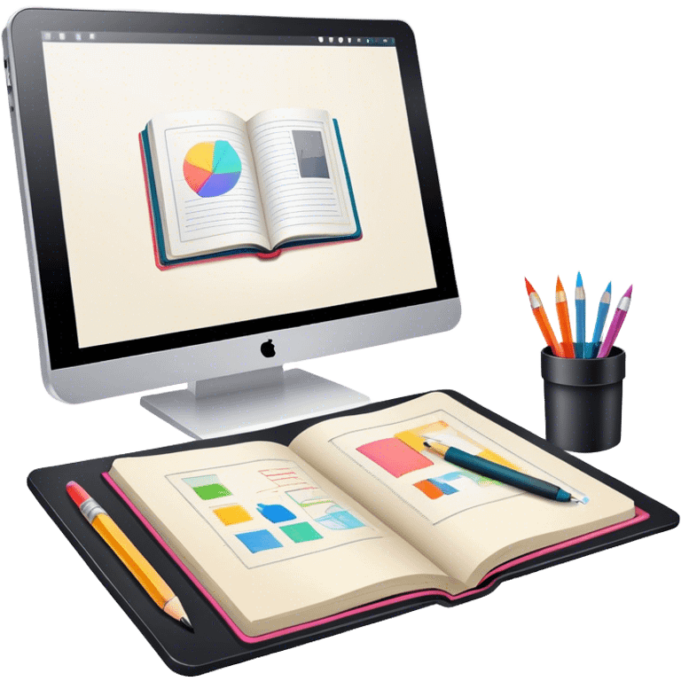 Colourfull Illustration icon, pencil, paintbrush, gel pen, graphic tablet or monitor with digital illustration, open book with sketches, minimalistic style, clean lines, transparent background. emoji