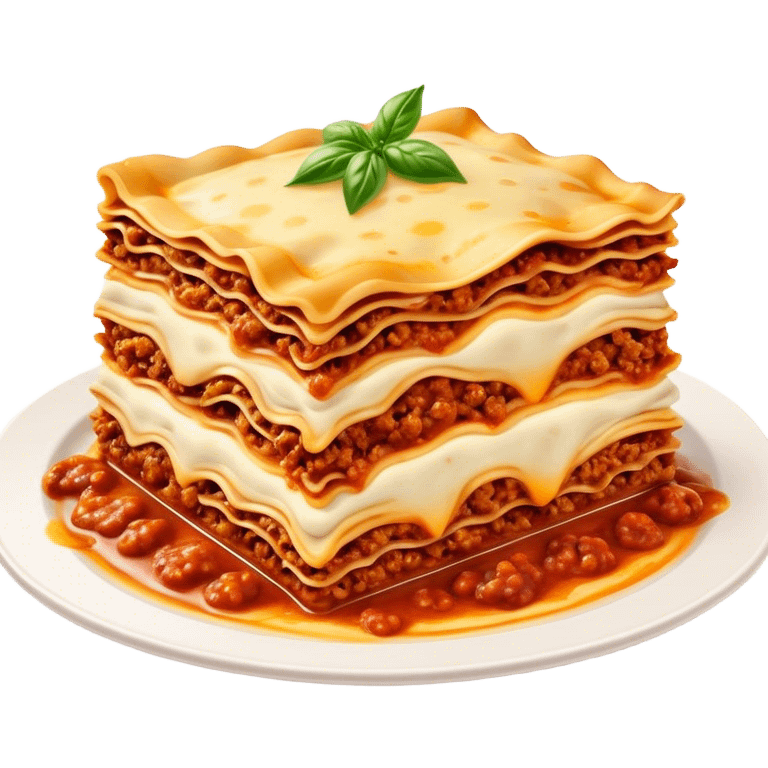 Lasagne alla Bolognese Cinematic Realistic Lasagne alla Bolognese Dish Emoji, depicted as a messy, layered pasta dish overflowing with melted cheese and rich meat sauce, rendered with hearty textures and warm, indulgent lighting. emoji