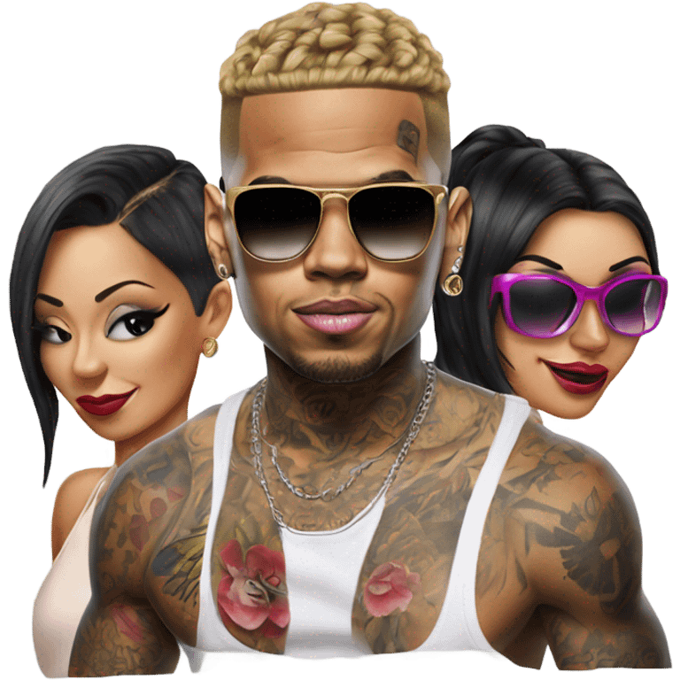 Hyper Realistic Chris Brown  wearing sunglasses with 2 female tattooed dancers emoji