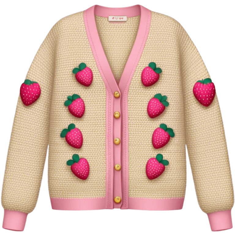 beige crocheted cardigan embroidered with small pink strawberries emoji