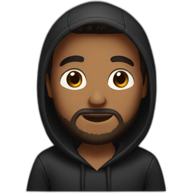 Brown guy in black hoodie waving hand , trimmed beard , black eyes emoji