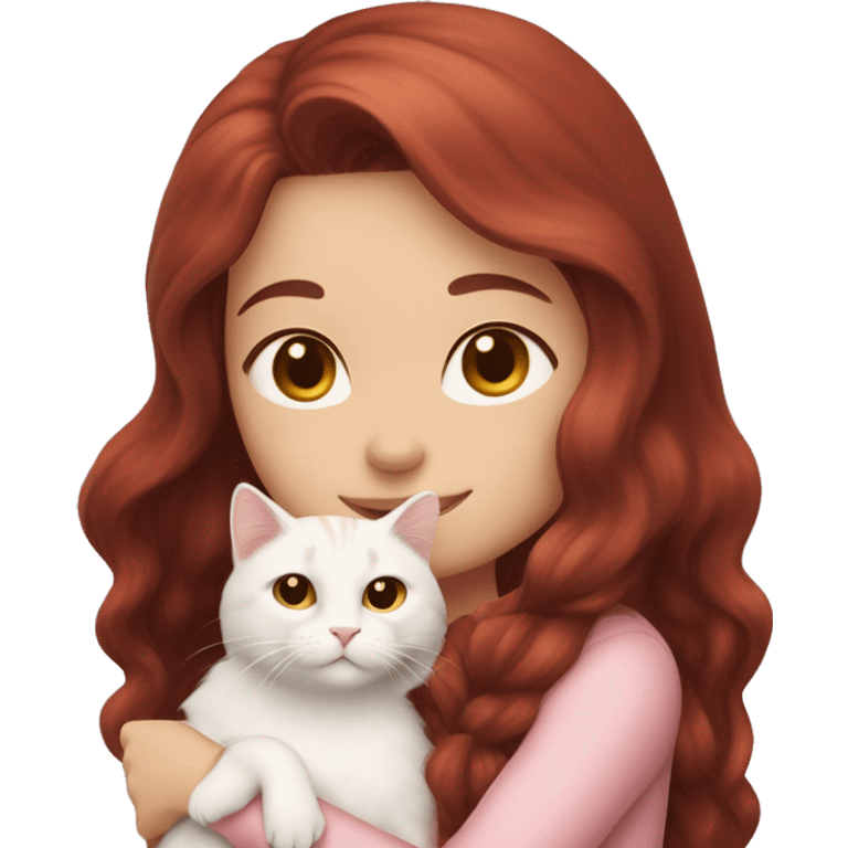 girl with long very dark red hair and brown eyes and light pink outfit hugging a white ginger scottish cat  emoji