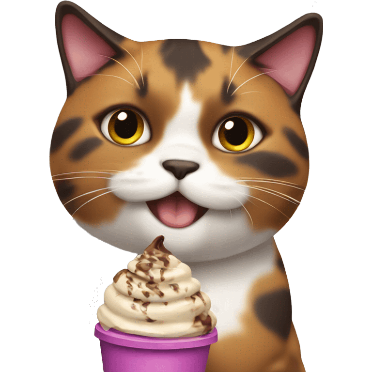 Fat calico cat eating chocolate icecream emoji