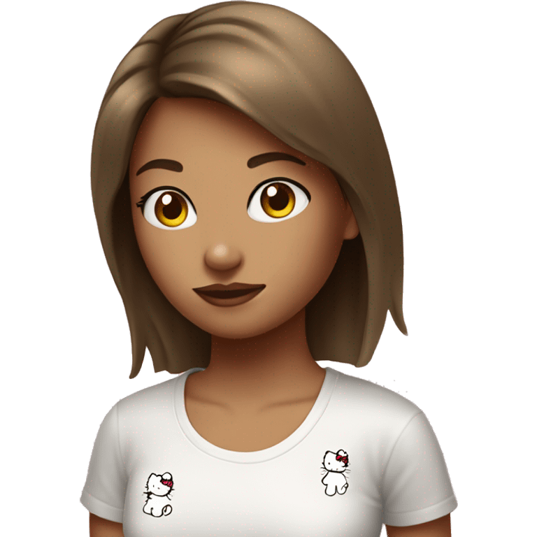 Girl with short straight brown hair wearing white hellokitty tshirt emoji