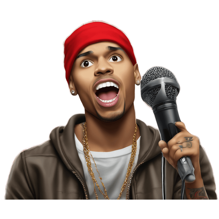 Hyper Realistic Chris brown singing residuals with red patterned bandana ceiling mic emoji