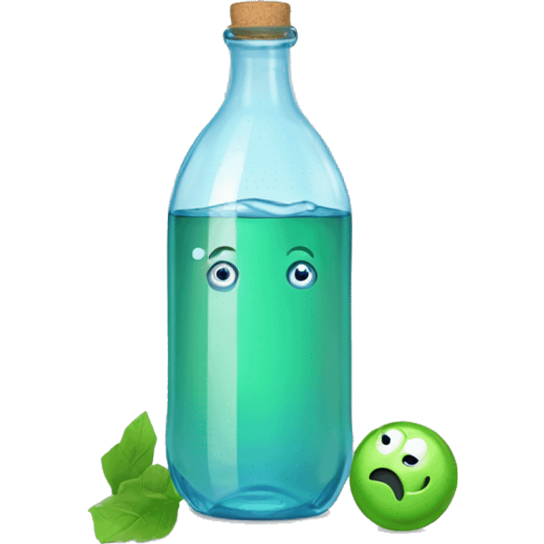 bottle of water with hole in botton with glass on top with green stuff emoji