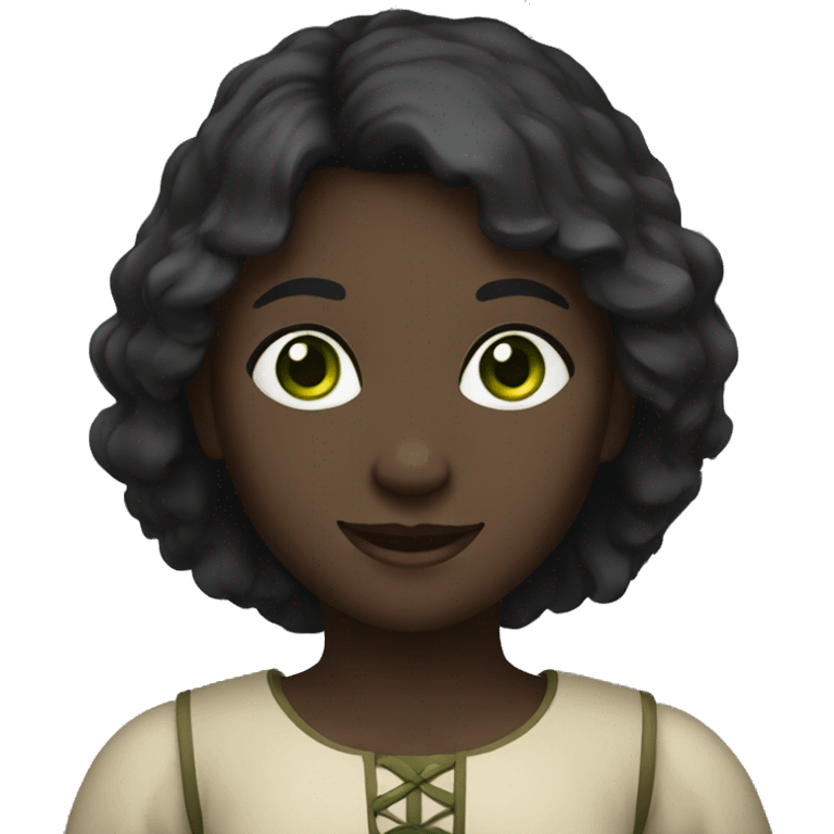 Medieval girl smiling, black skin, black hair, green eyes emoji