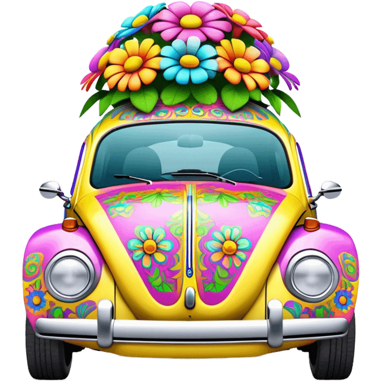 3D, psychedelic colored VW beetle with hippie style flowers emoji