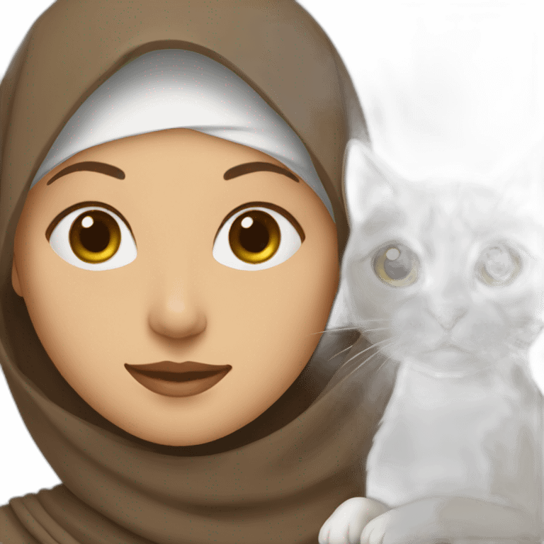 woman in brown hijab and her white cat emoji