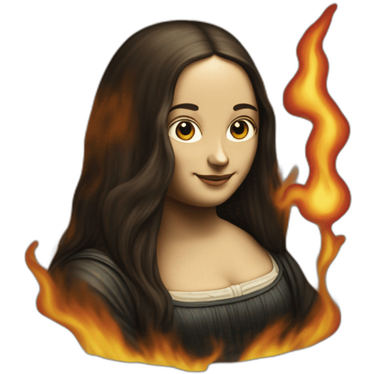 mona lisa walking down the street, which is on fire emoji