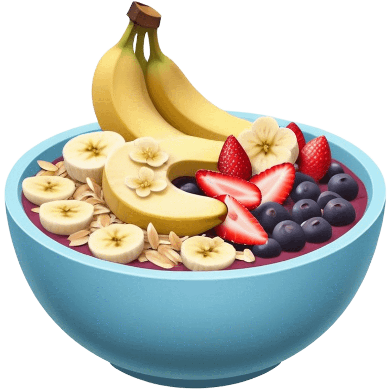 acai bowl topped with fresh cut banana strawberry toppings with shaved toasted coconut flakes in a light blue bowl emoji