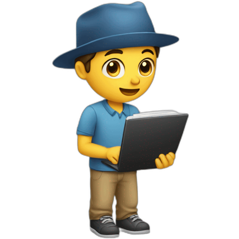 boy typing a notebook with hat emoji