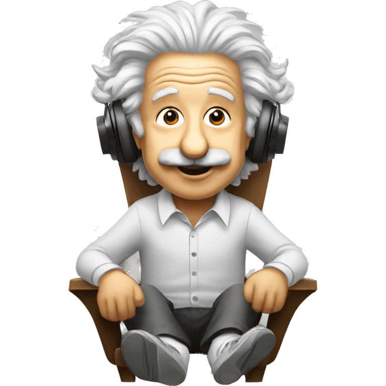 albert einstein happy listening music with wireless headphones while sitting on the chair emoji