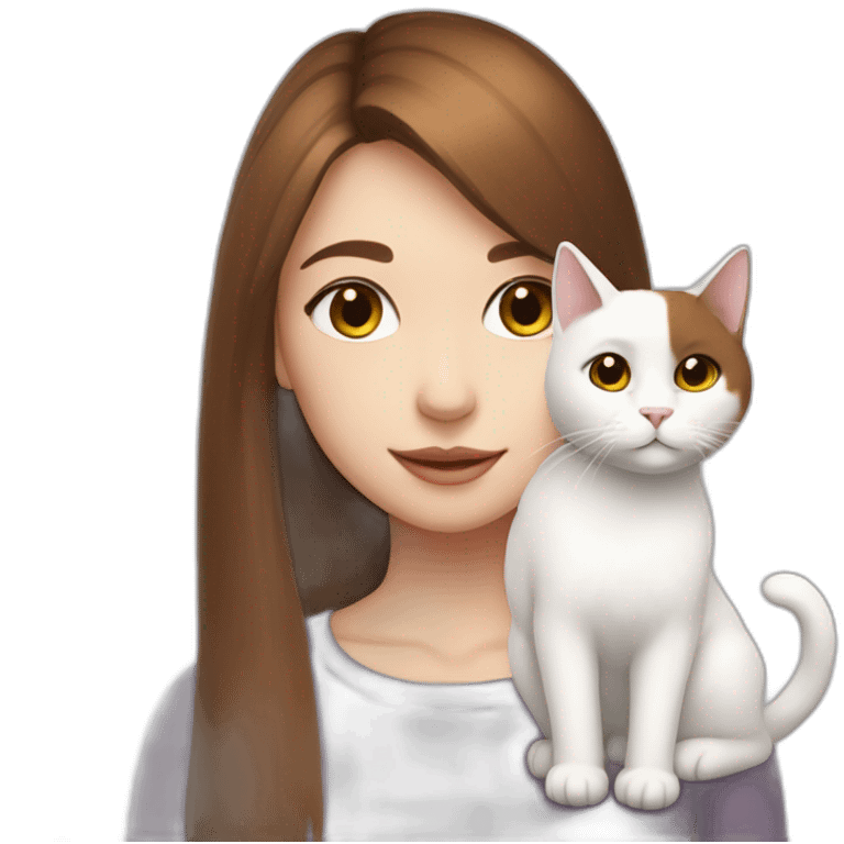 A girl with brown straight hair and on her left shoulder and neck lies a white fluffy cat with eyes of different colors emoji