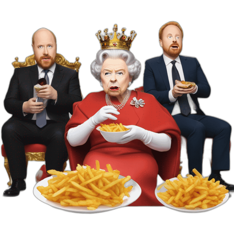 Queen Elizabeth II eating fries with louis c.k. And Warwick davis emoji