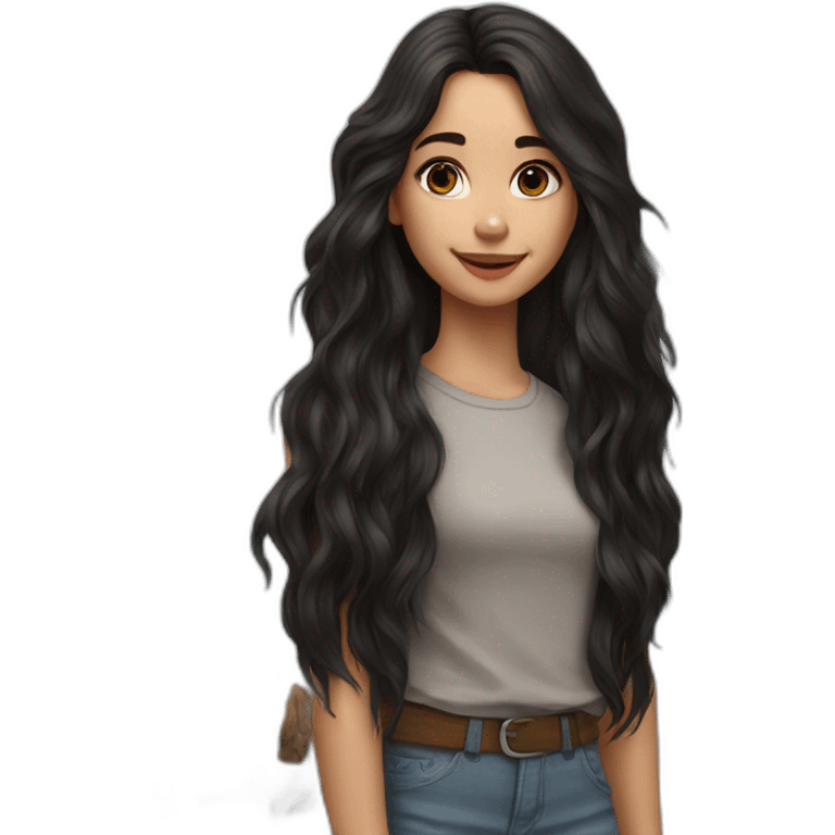 hyperrealist caucasian girl black long hair with brown english setter dog emoji