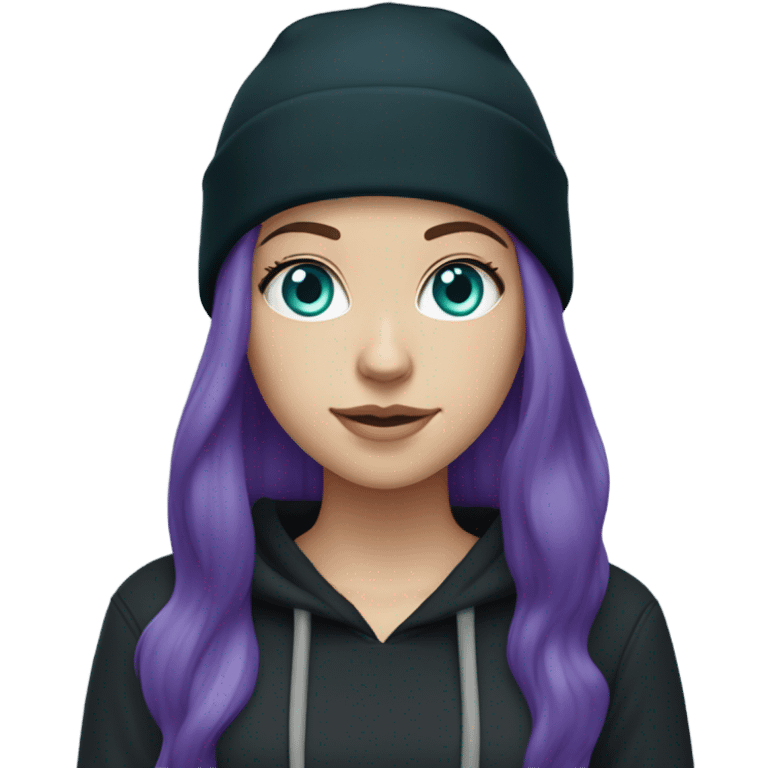 White girl, blue eyes, long teal hair, purple beanie hat, black hoodie, blue jeans, black shoes emoji